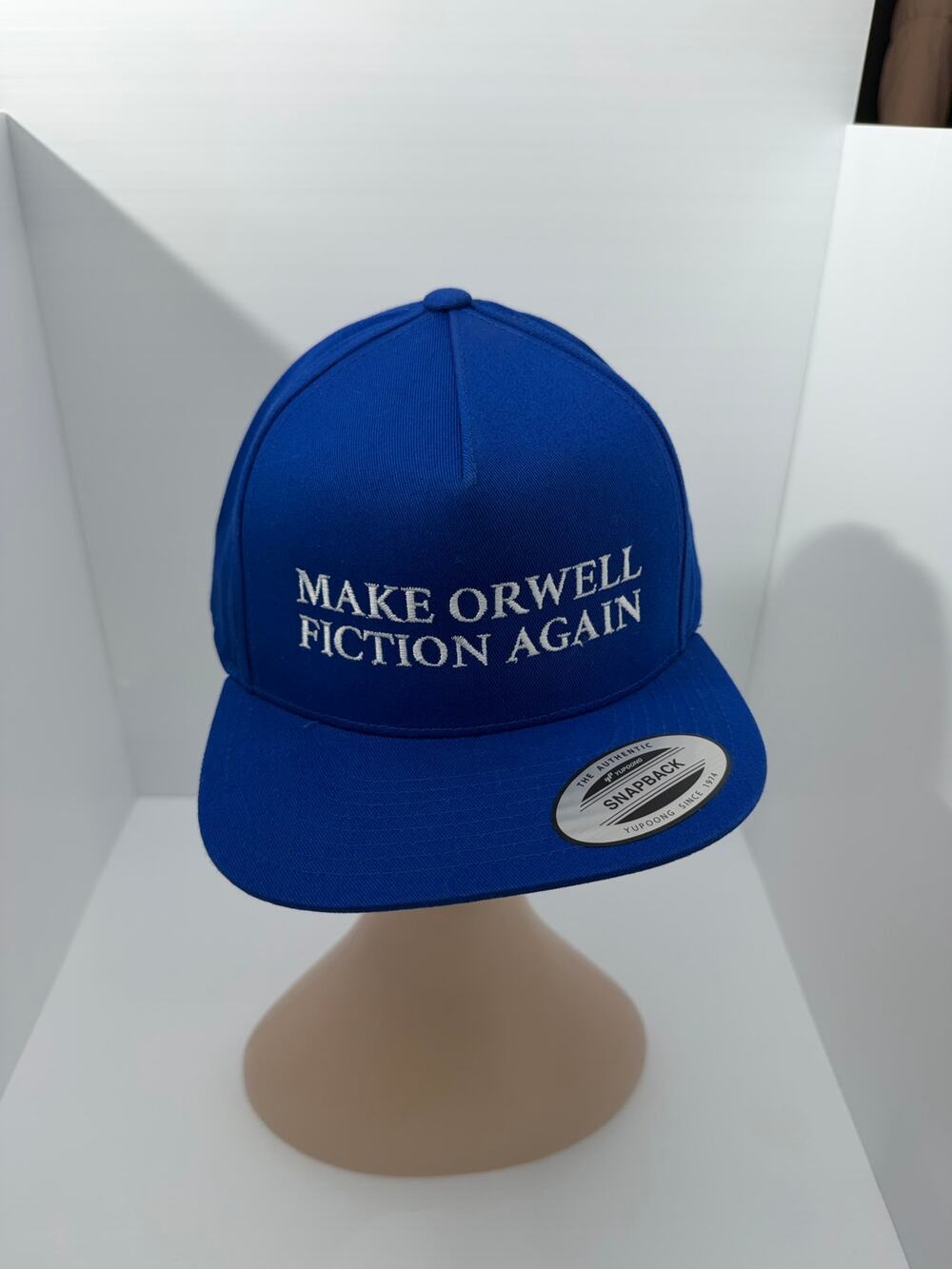 Make Orwell Fiction Again Snapback Hat Blue White Yupoong Embroidered Flat Bill
